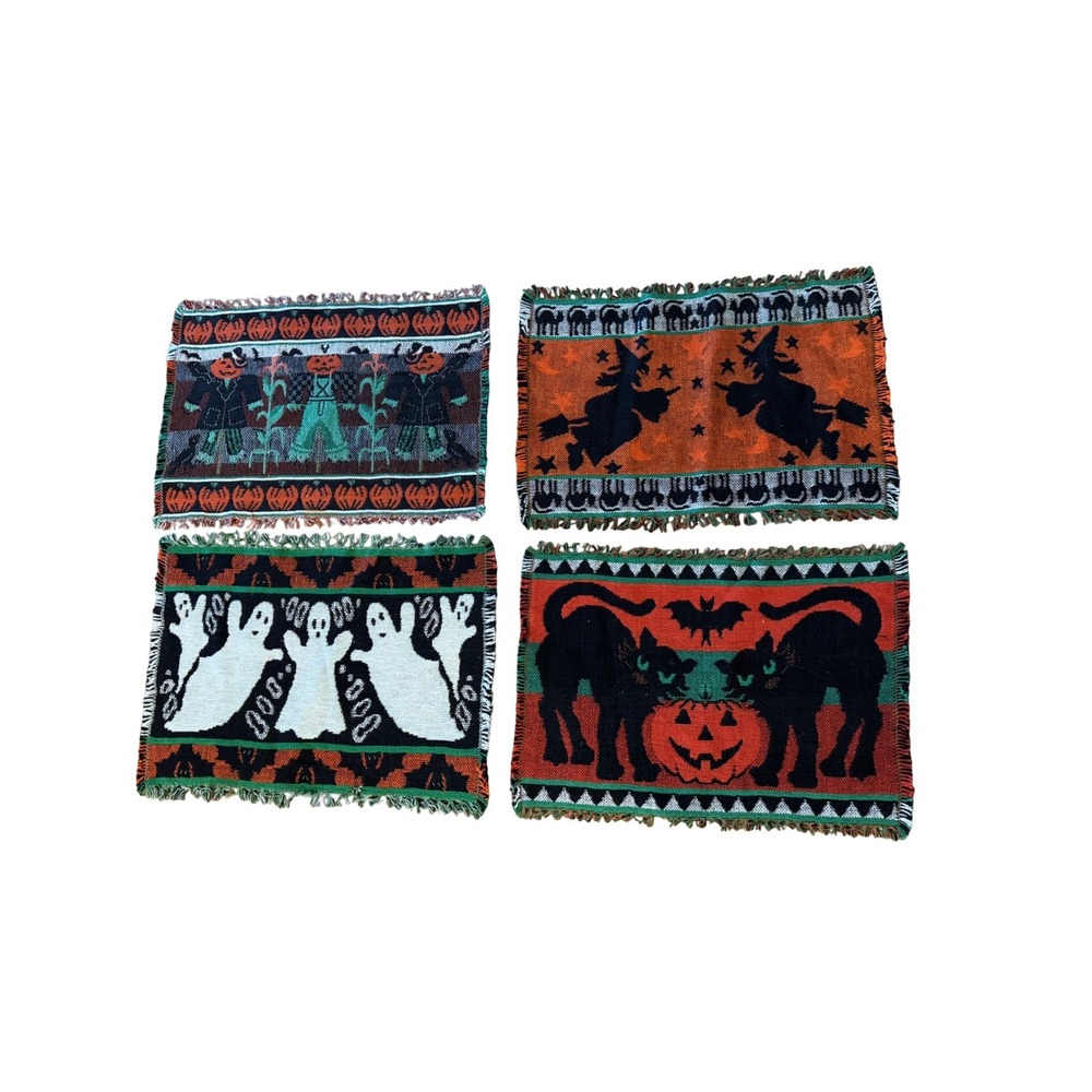 Vintage Halloween Woven Cotton Placemats Set 4 Black Cat Ghost Witch Scarecrow